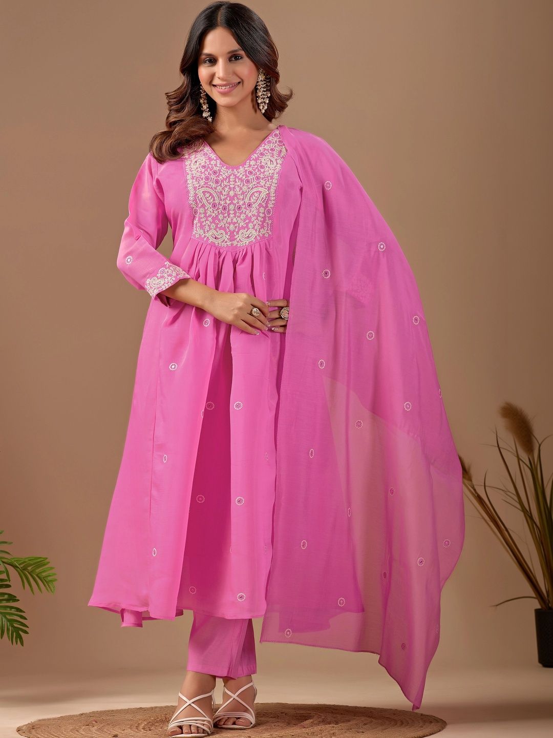 Maroosh Women Ethnic Motifs Embroidered Empire Thread Work Chanderi Cotton Kurta with Trousers & With Dupatta-picture-32