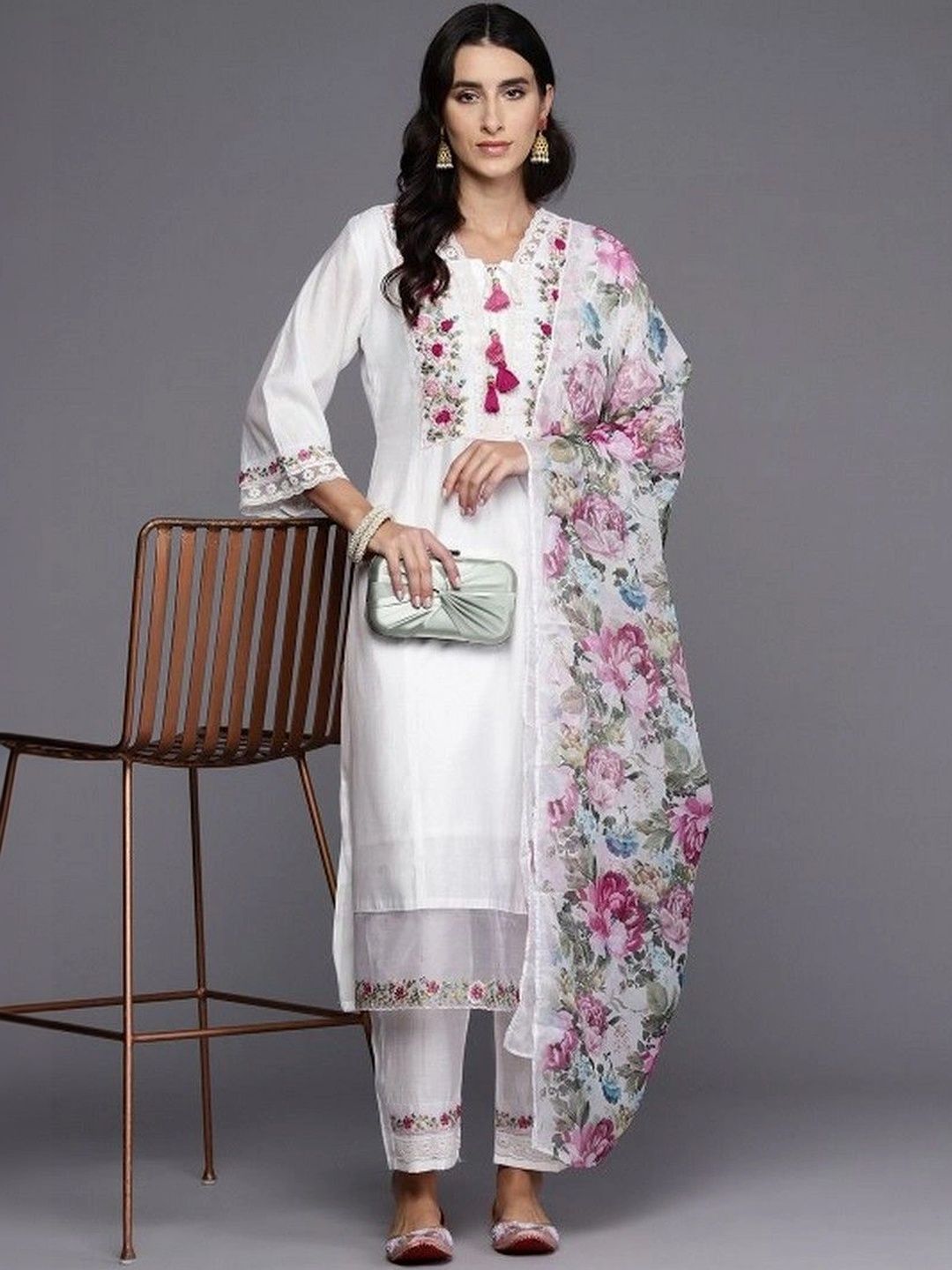 Sangria Women Floral Embroidered Regular Thread Work Kurta with Trousers & With Dupatta-picture-15