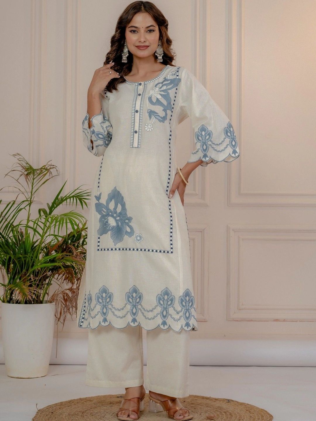 RUSTICWEAVE Women Floral Embroidered Regular Thread Work Kurta with Palazzos-picture-45