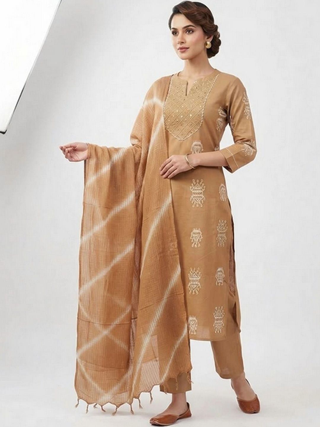 EtnicaWear Women Ethnic Motifs Printed Regular Thread Work Pure Cotton Kurta with Trousers & With Dupatta-picture-15