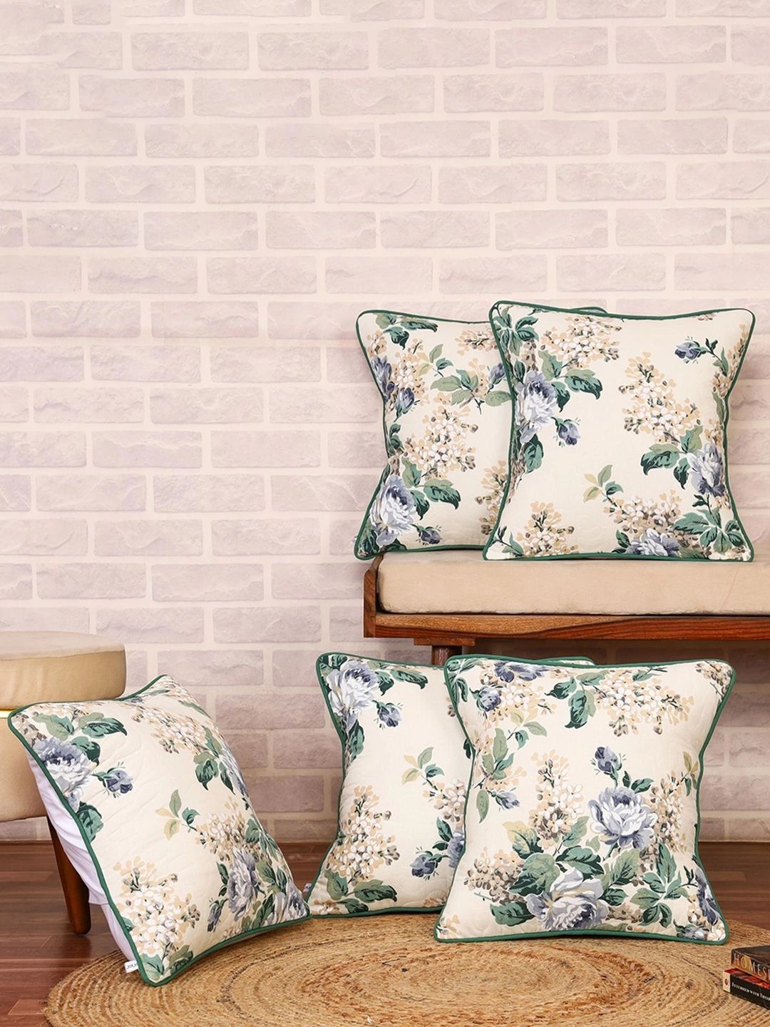 Aura White & Multicoloured Set of 5 Floral Square Cushion Covers-image-47