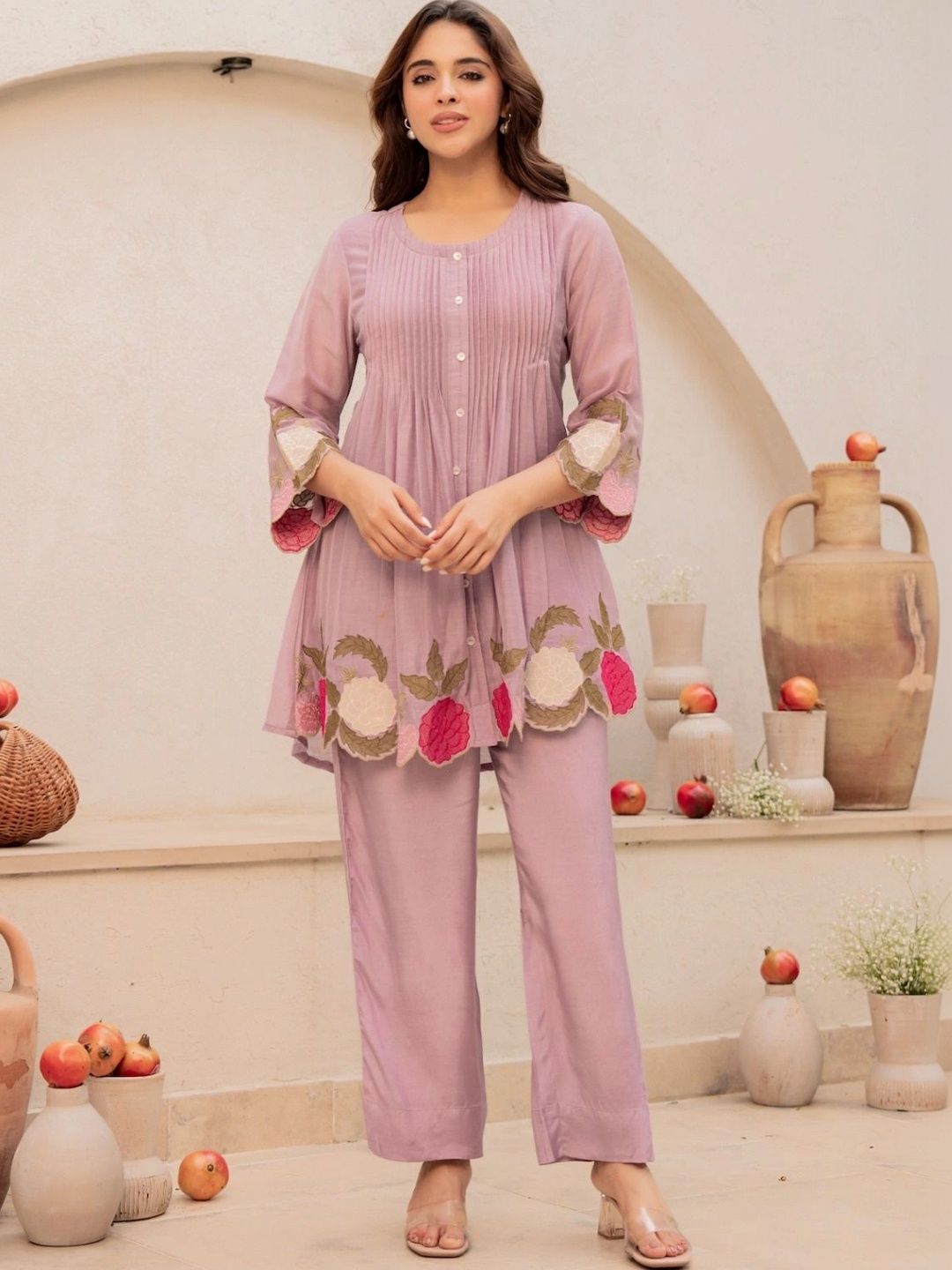 Tankori Women Embroidered Regular Thread Work Chanderi Silk Top with Trousers-picture-53