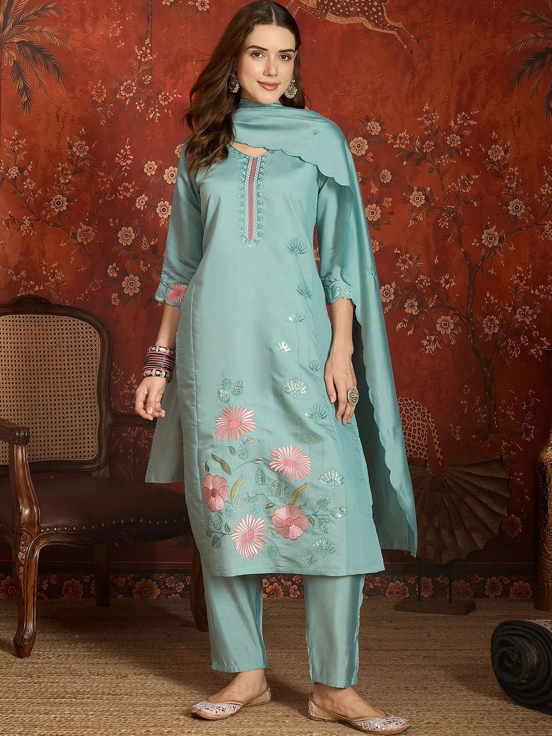 MANVAA Women Floral Embroidered Regular Thread Work Kurta with Trousers & With Dupatta-picture-37