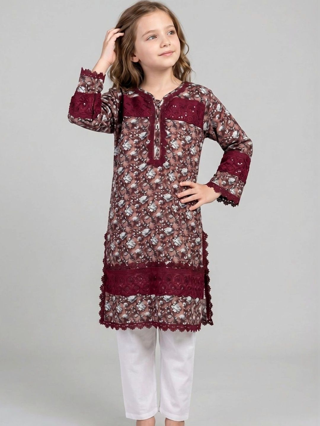 HOUSE OF IQF Girls Floral Printed Regular Pure Cotton Kurta with Trousers-picture-42