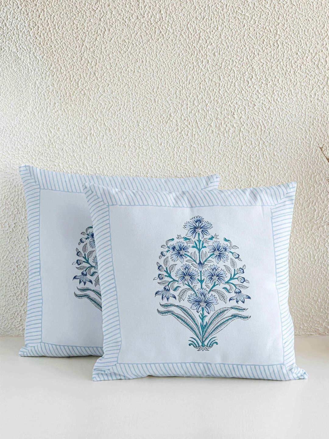 Aura White & Blue Set of 2 Floral Square Cushion Covers-image-25