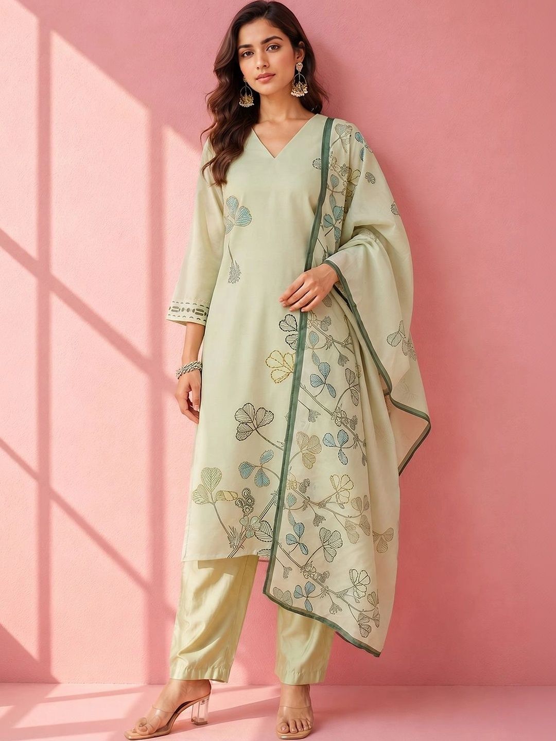 Anouk Women Floral Embroidered Regular Thread Work Chanderi Cotton Kurta with Trousers & With Dupatta-picture-35