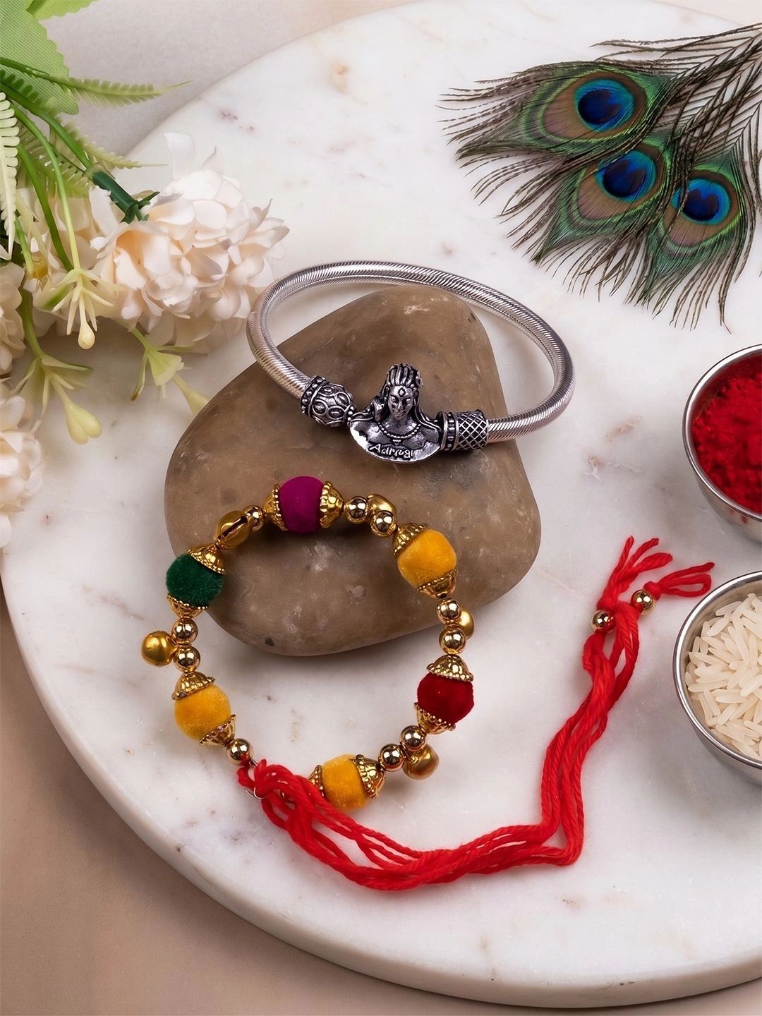 SHREEVAANI Men Silver Kada & Thread Tie-Ups Rakhi-picture-20