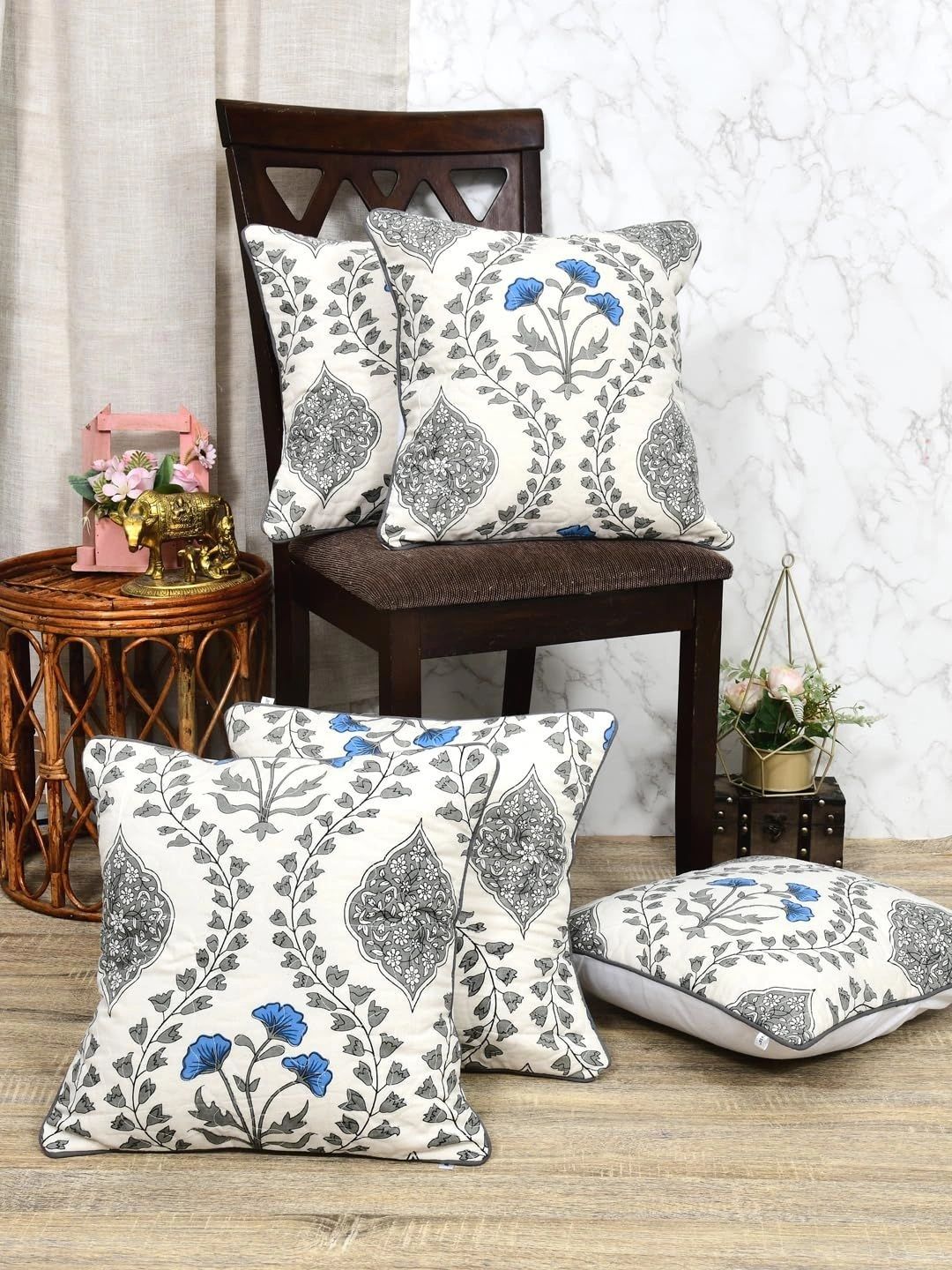 Myntra Elegant Homes Grey & White Set of 5 Floral Square Cushion Covers-image-35