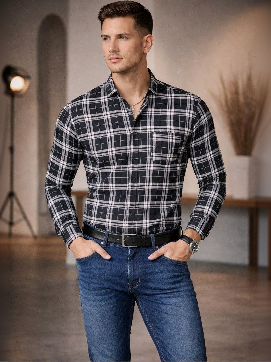 Studio-9 Men Classic Slim Fit Tartan Checks Checked Casual Shirt-picture-11