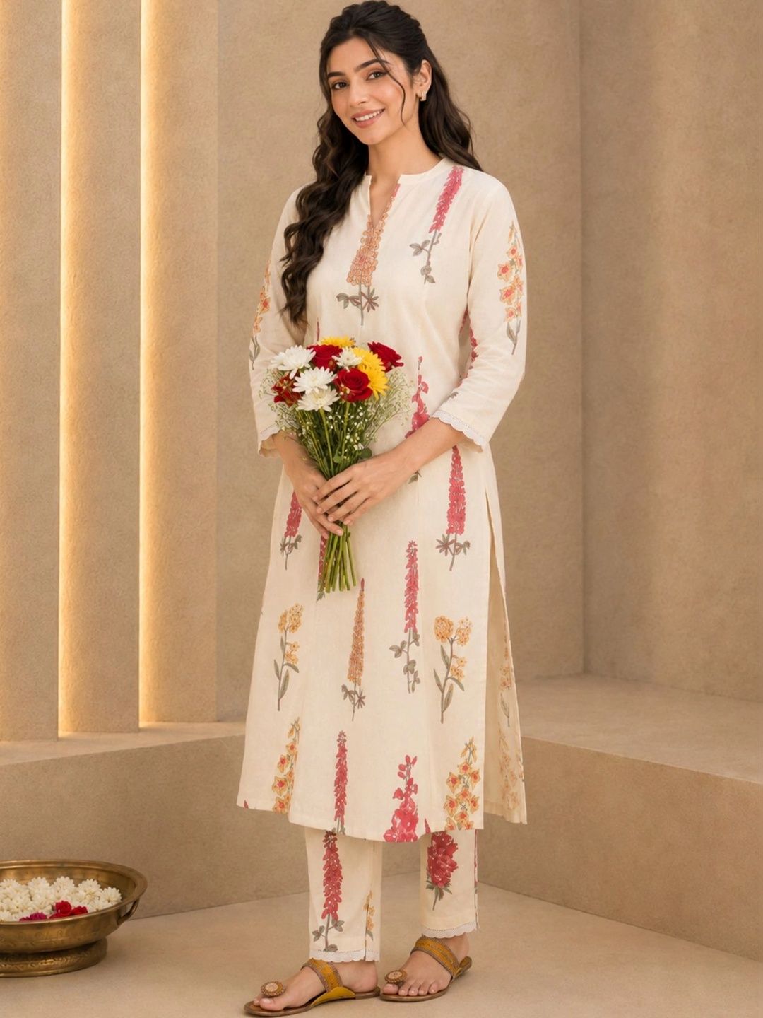 Sangria Women Floral Printed Regular Pure Cotton Kurta with Trousers-picture-34