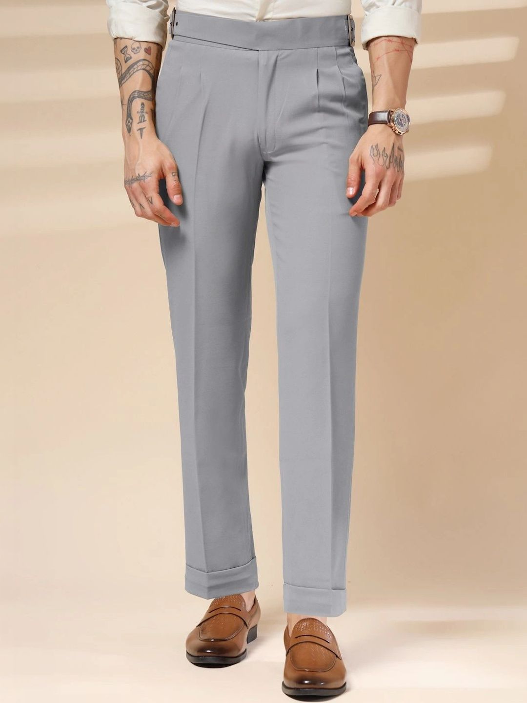 Italian Vega Ash Grey Classic Buckle Gurkha Pants-picture-46