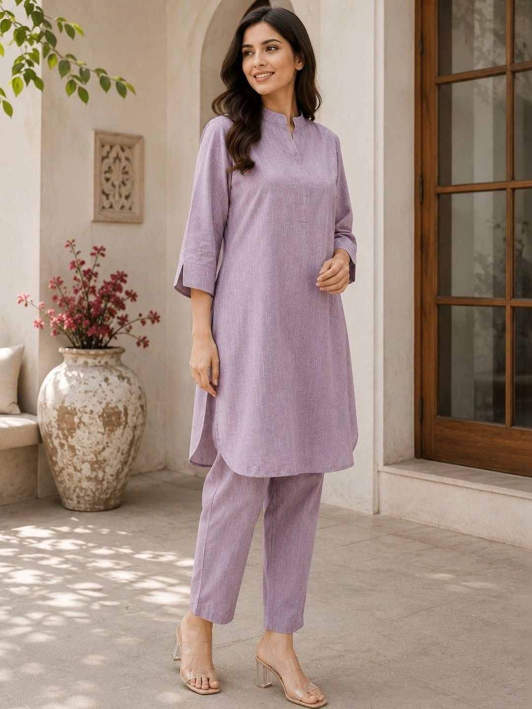 Bitterlime Women Striped Regular Pure Cotton Kurta with Trousers-picture-1
