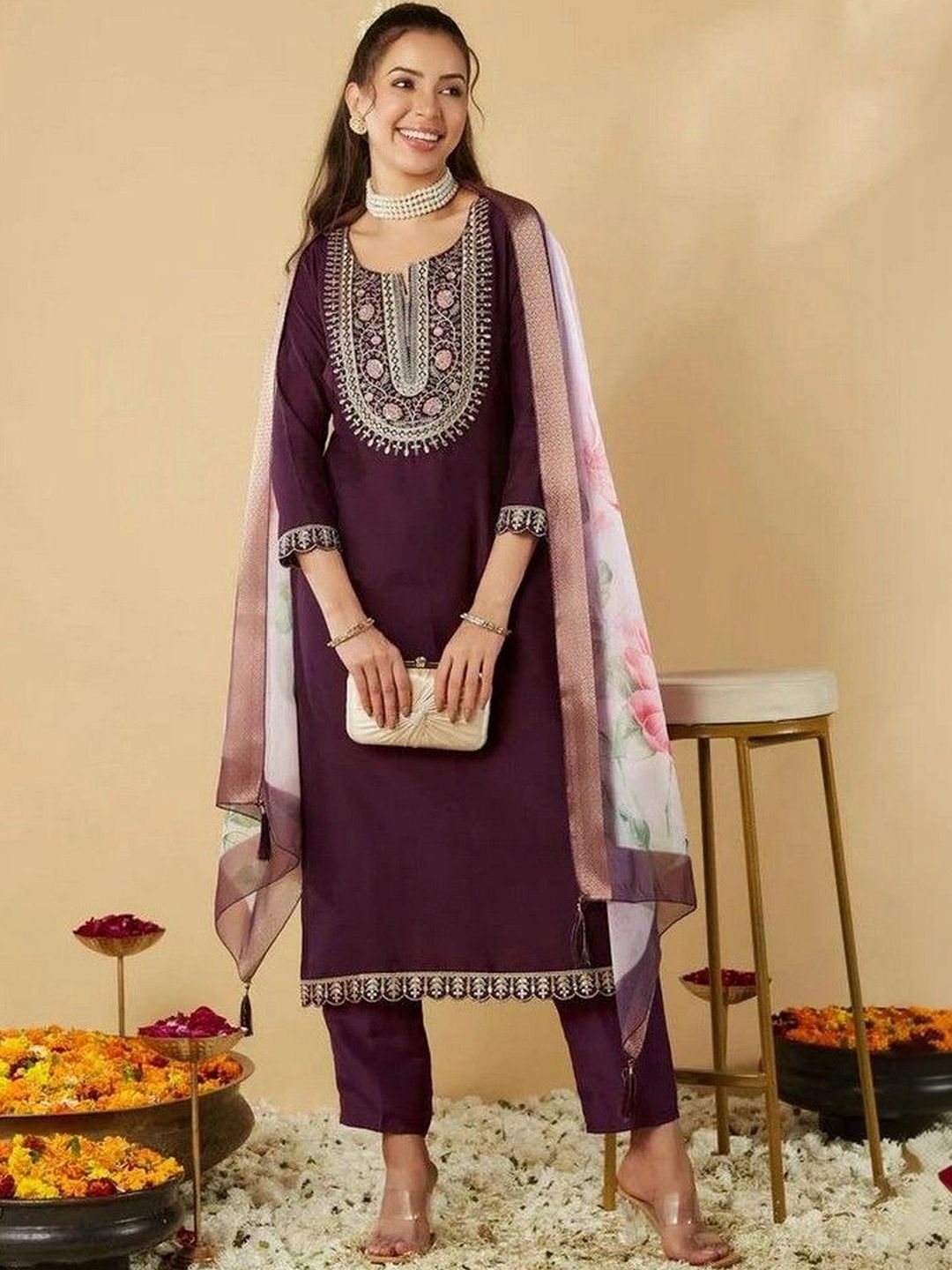 Sangria Women Ethnic Motifs Embroidered Regular Thread Work Kurta with Trousers & With Dupatta-picture-13