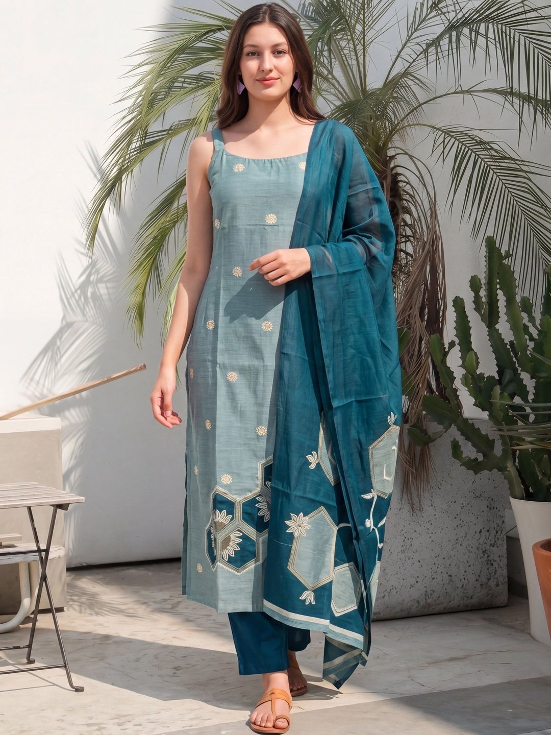 Sangria Women Ethnic Motifs Embroidered Regular Thread Work Kurta with Trousers & With Dupatta-picture-21
