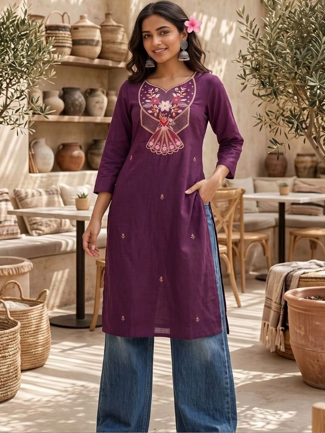 MYTHDRIP Ethnic Motifs Embroidered Thread Work Pure Cotton Thread Work Kurti-picture-27