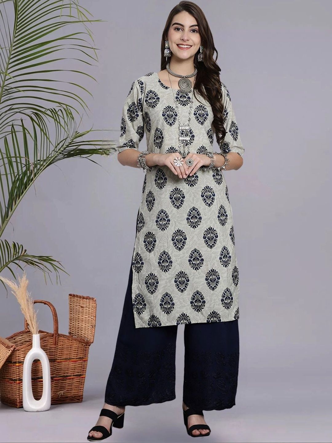 HERE&NOW Women Pack of 3 Ethnic Motifs Printed Crepe Kurtas-picture-30
