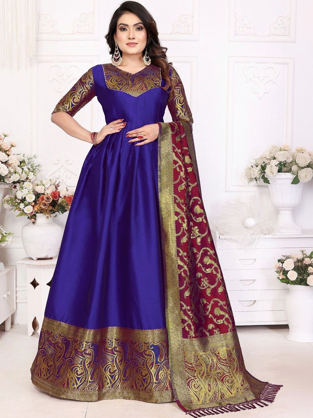 Kinjhit Fashion Woven Design V-Neck Gown Ethnic Dresses With Dupatta-image-42