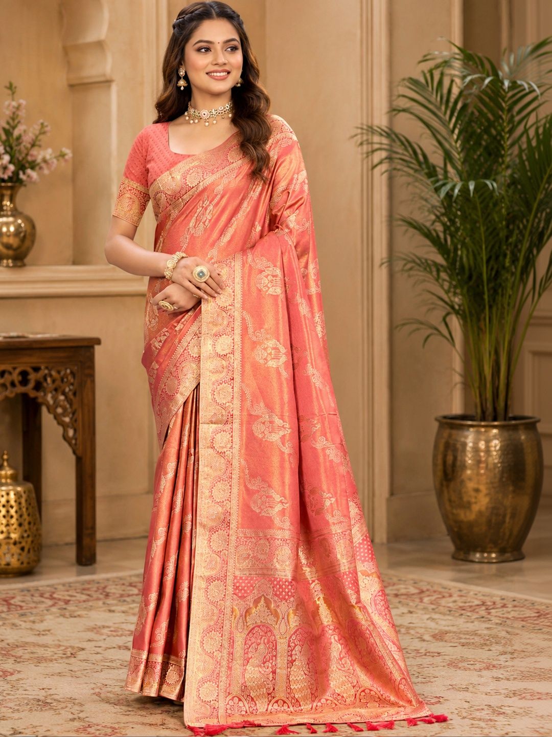 SANGAM PRINTS Woven Design Zari Satin Tussar Saree-picture-1