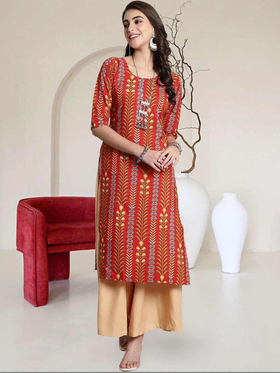 HERE&NOW Women Ethnic Motifs Printed Indie Prints Crepe Kurta-picture-36