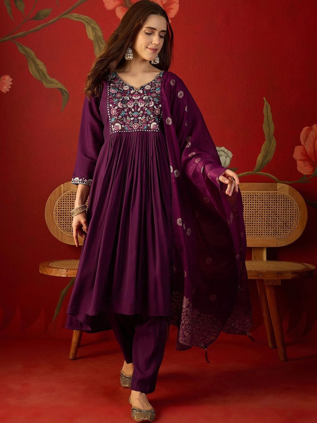MANVAA Women Floral Embroidered Empire Thread Work Kurta with Trousers & With Dupatta-picture-22