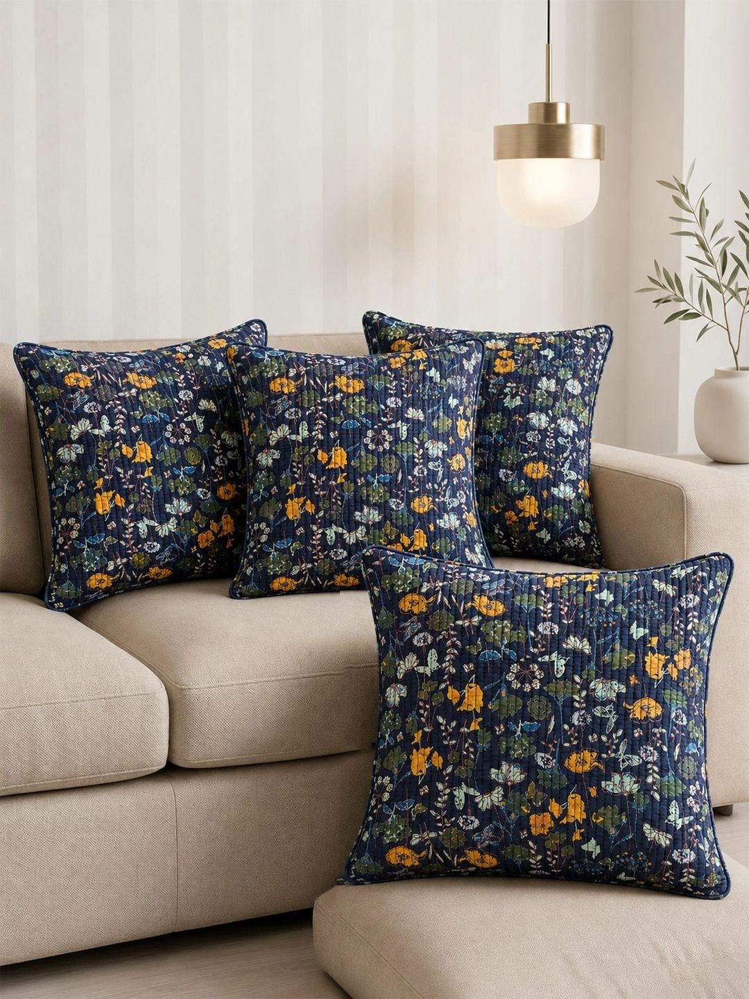 Myntra Elegant Homes Yellow & Green Set of 5 Floral Square Cushion Covers-image-18