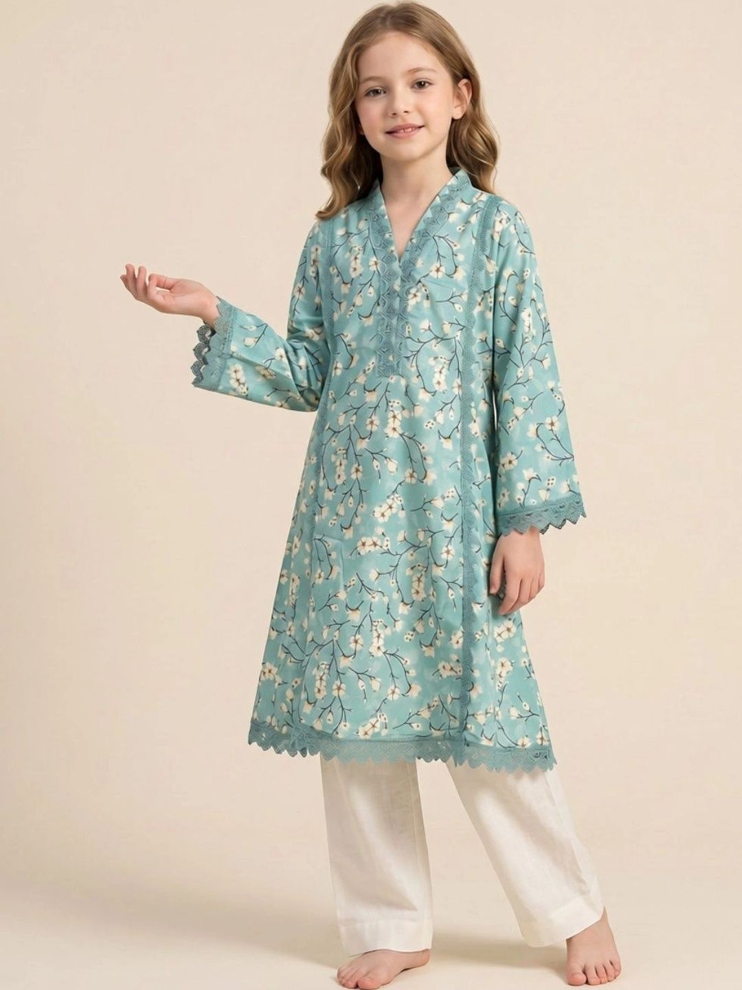HOUSE OF IQF Girls Floral Printed Regular Pure Cotton Kurta with Trousers-picture-43