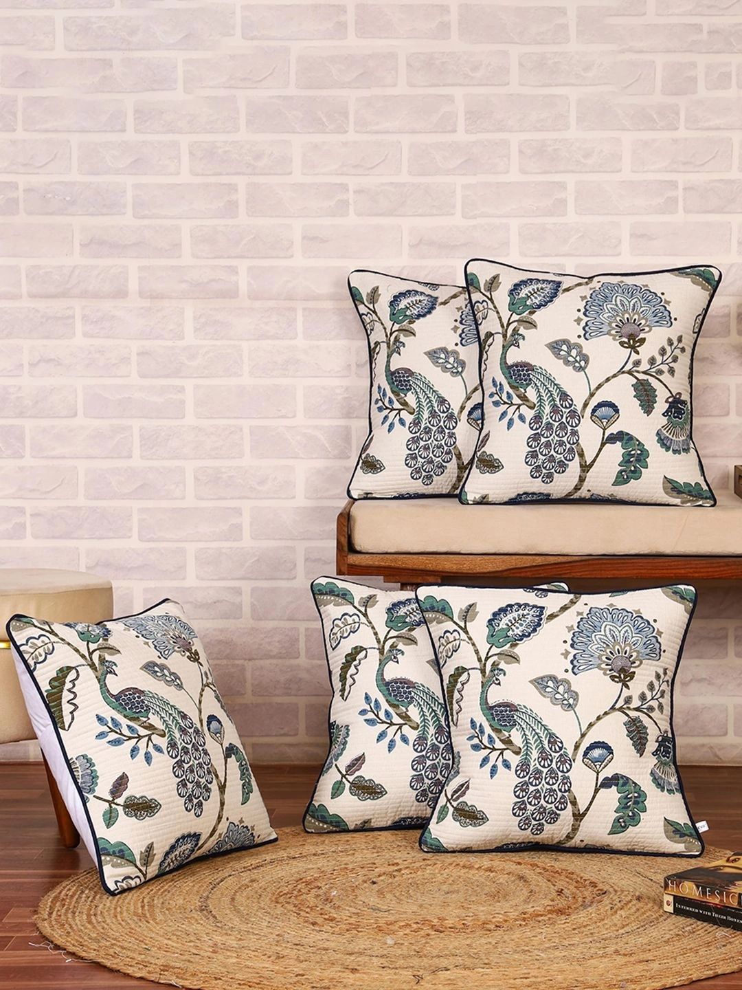 Aura Green & White Set of 5 Square Cushion Covers-picture-33