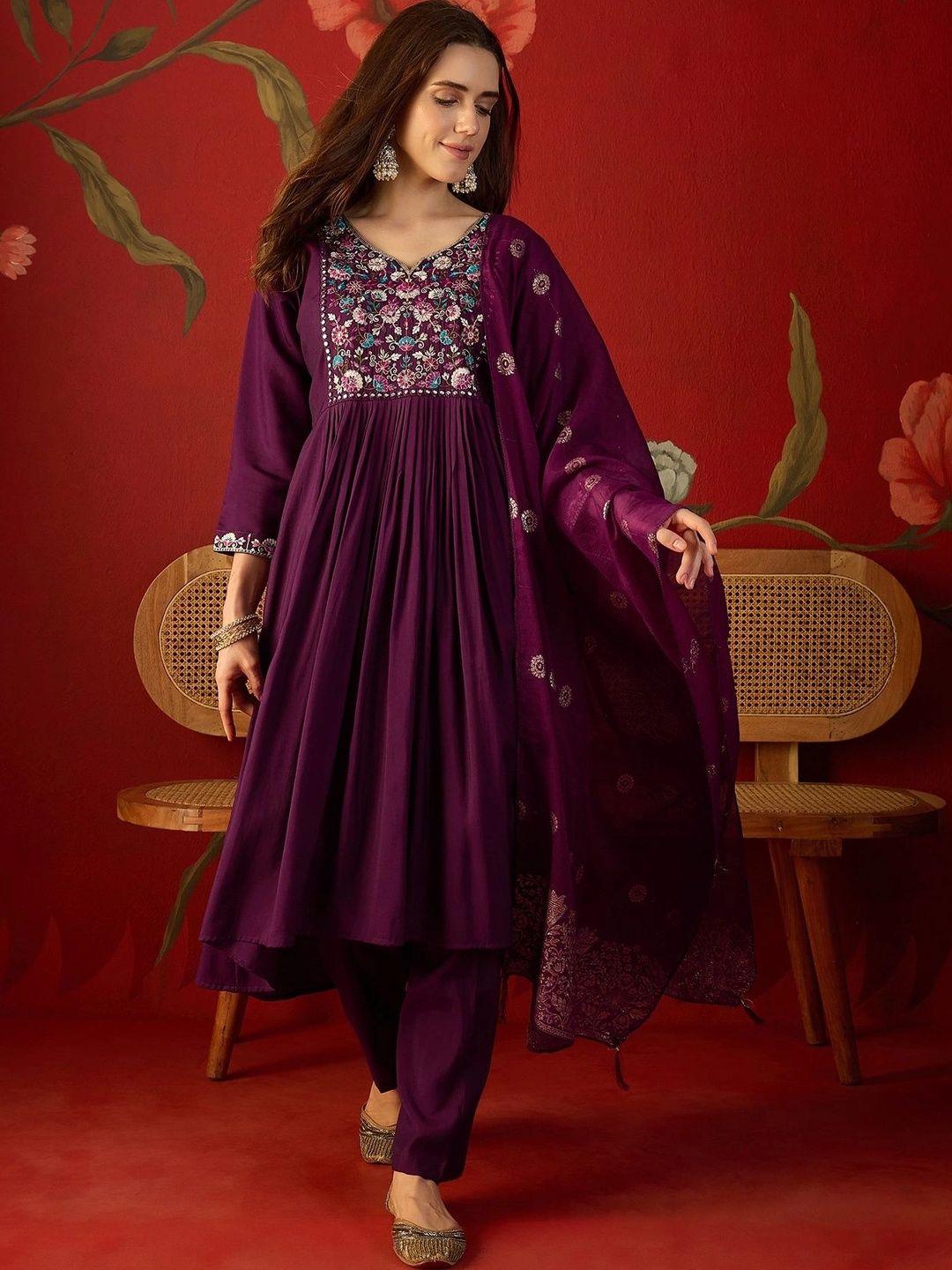 Maroosh Women Floral Embroidered Empire Mirror Work Kurta with Trousers & With Dupatta-image-18