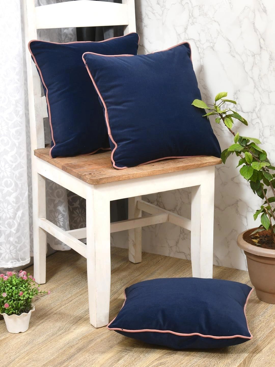 Aura Blue & Pink Set of 3 Velvet Square Cushion Covers-image-42