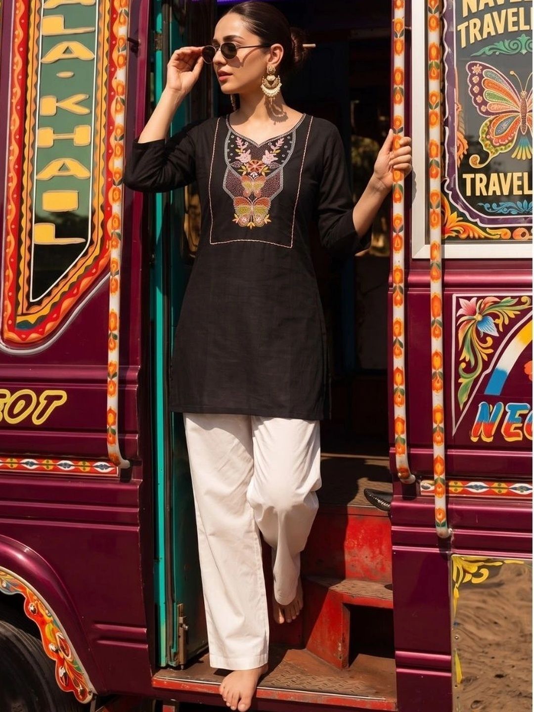 MYTHDRIP Floral Embroidered V-Neck Thread Work Pure Cotton Thread Work Kurti-picture-52