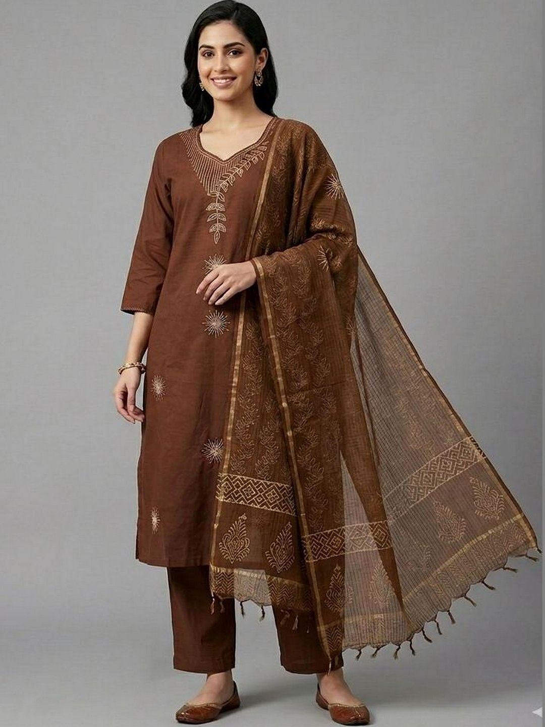 EtnicaWear Women Ethnic Motifs Embroidered Regular Thread Work Pure Cotton Kurta with Trousers & With Dupatta-picture-19
