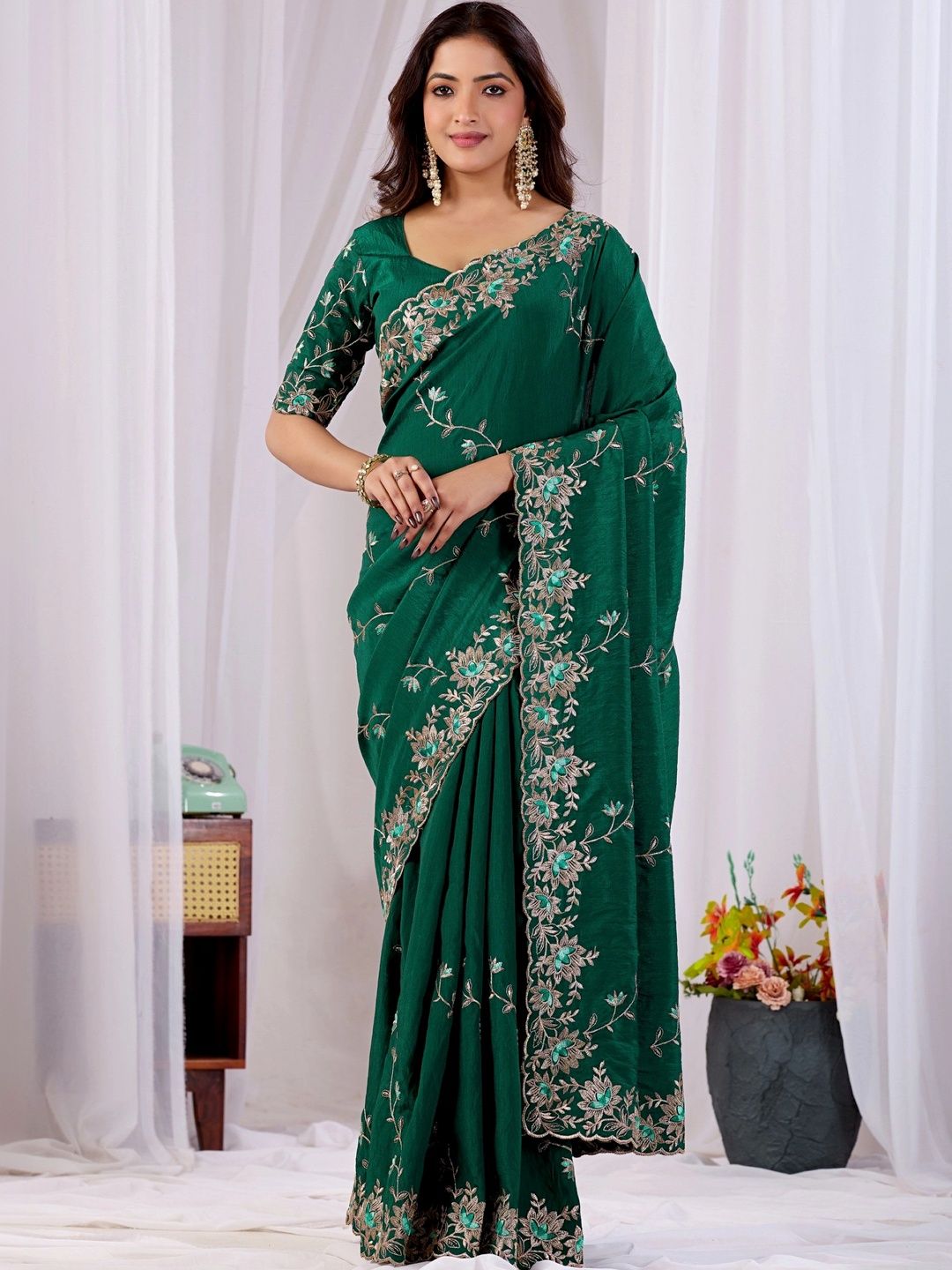 Mitera Floral Embroidered Tissue Designer Saree-image-0