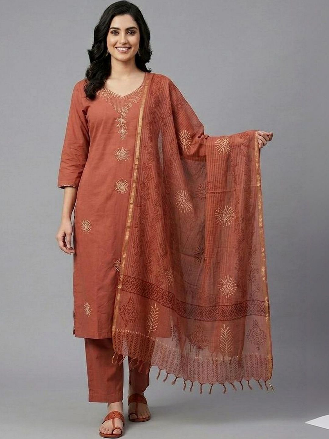 KALINI Women Ethnic Motifs Embroidered Regular Thread Work Pure Cotton Kurta with Trousers & With Dupatta-picture-51