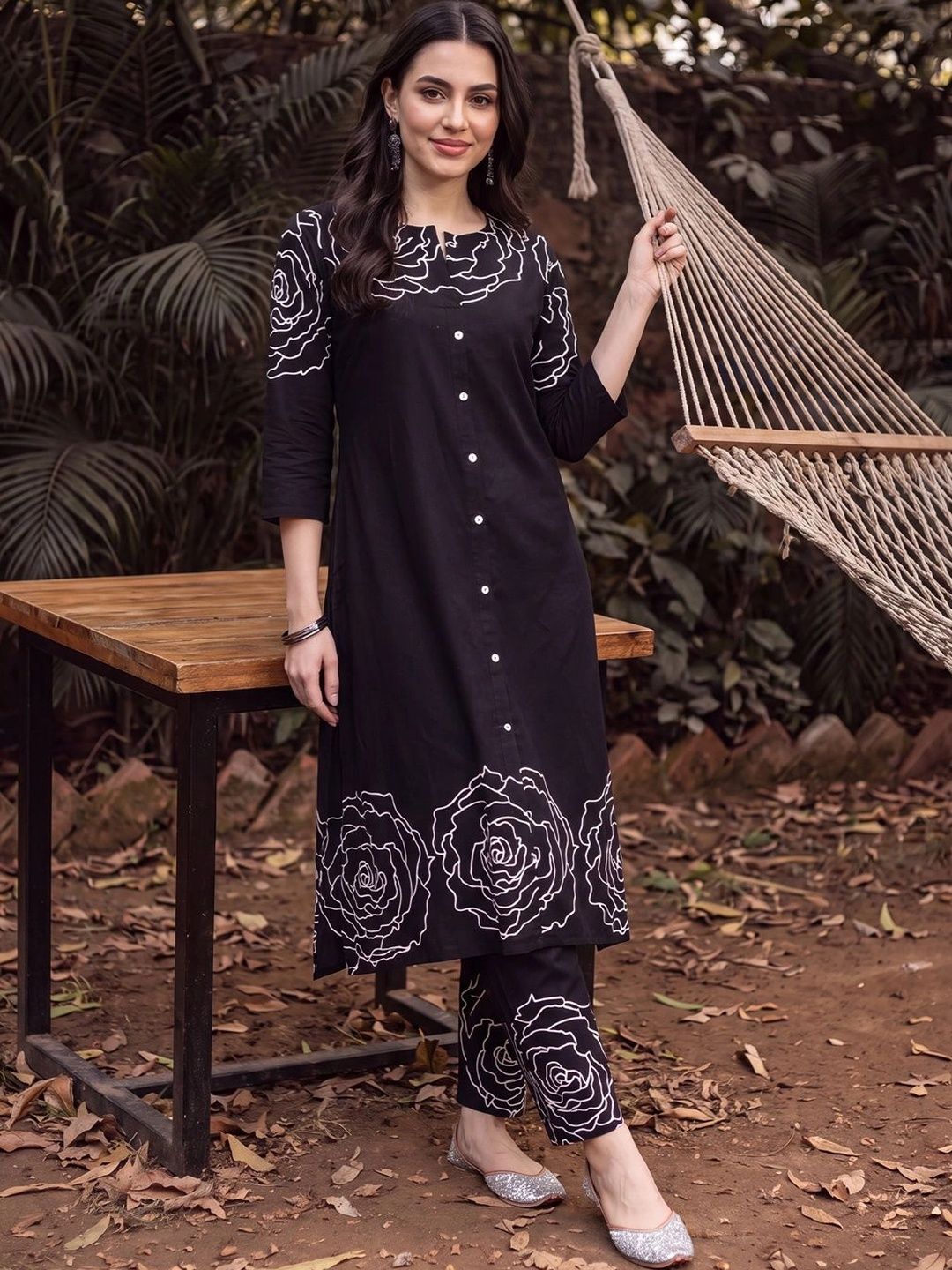 Indo Era Women Printed Regular Mirror Work Pure Cotton Kurta with Trousers-picture-34