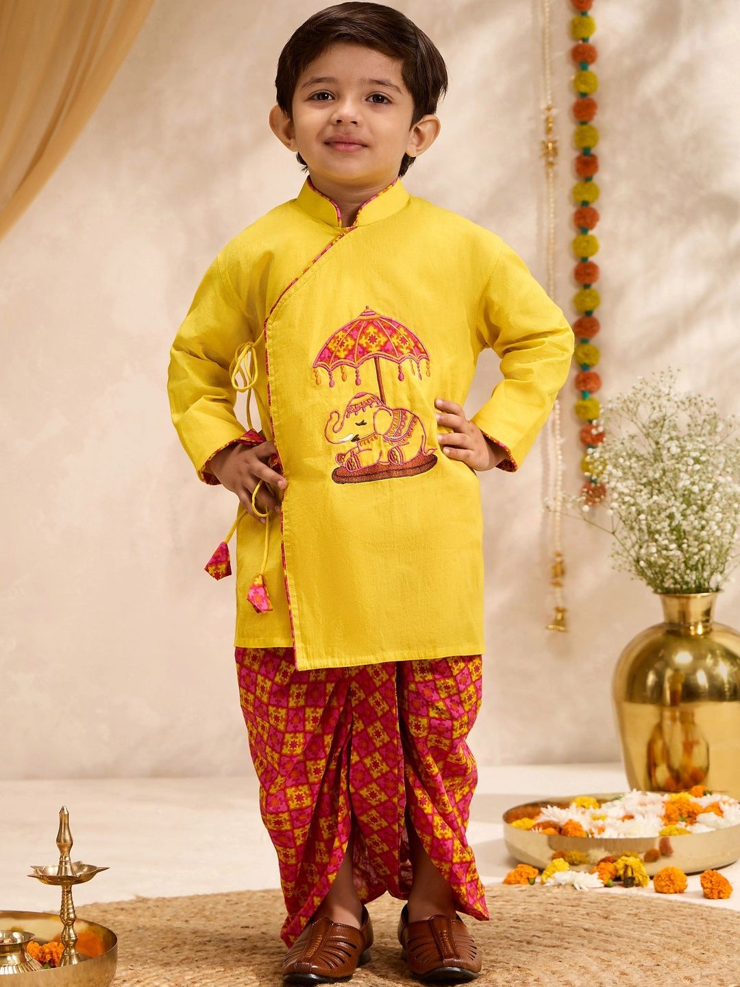 VASTRAMAY Boys Ethnic Motifs Embroidered Angrakha Thread Work Pure Cotton Kurta with Dhoti Pants-picture-14