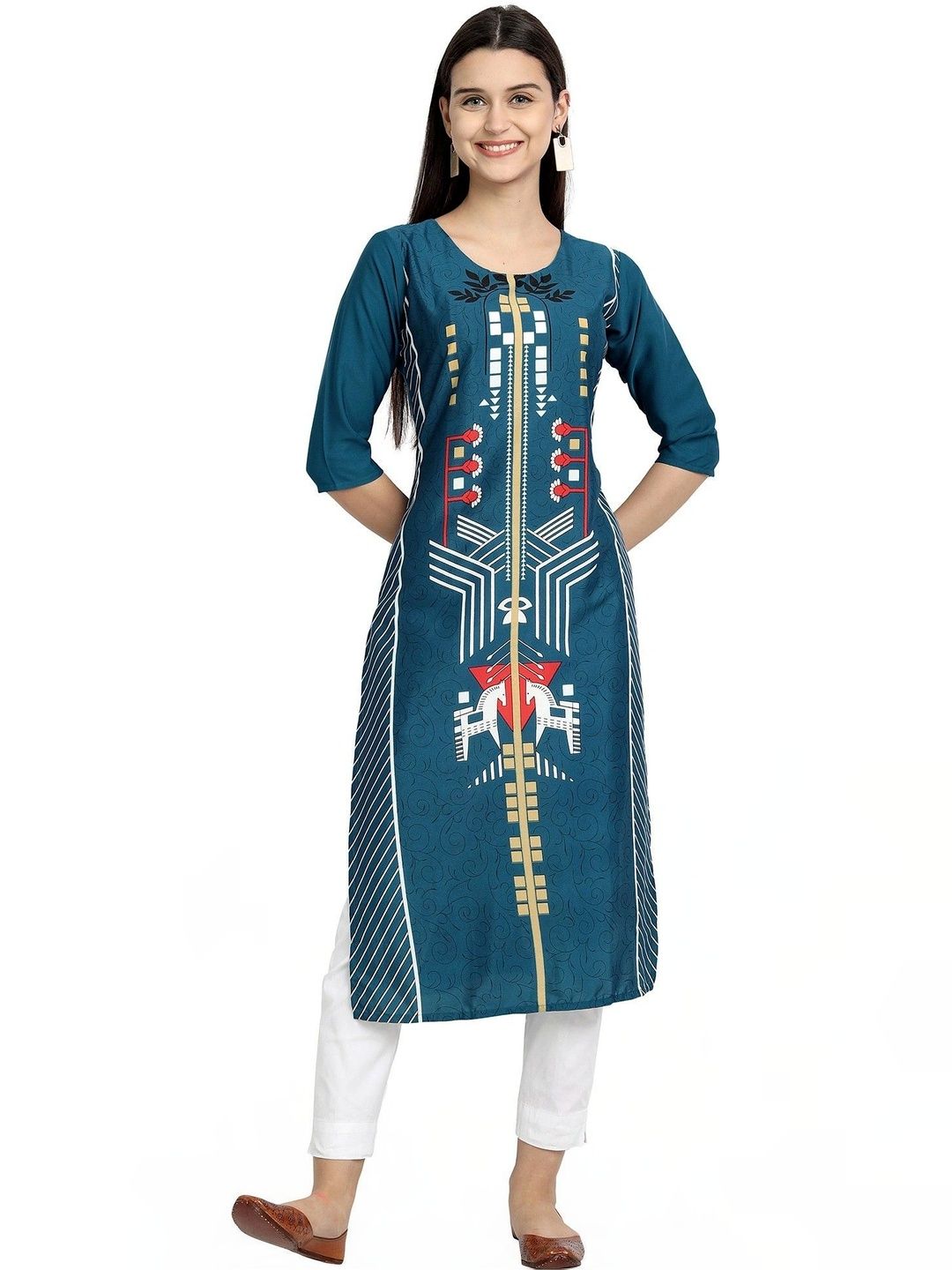 HERE&NOW Women Pack of 3 Geometric Printed Crepe Kurtas-picture-37