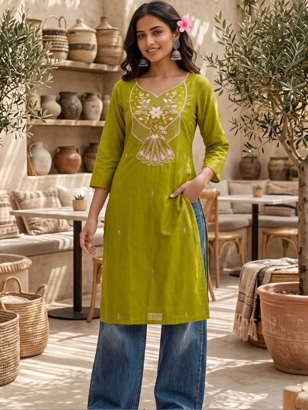 MYTHDRIP Ethnic Motifs Embroidered V-Neck Thread Work Pure Cotton Thread Work Kurti-picture-32
