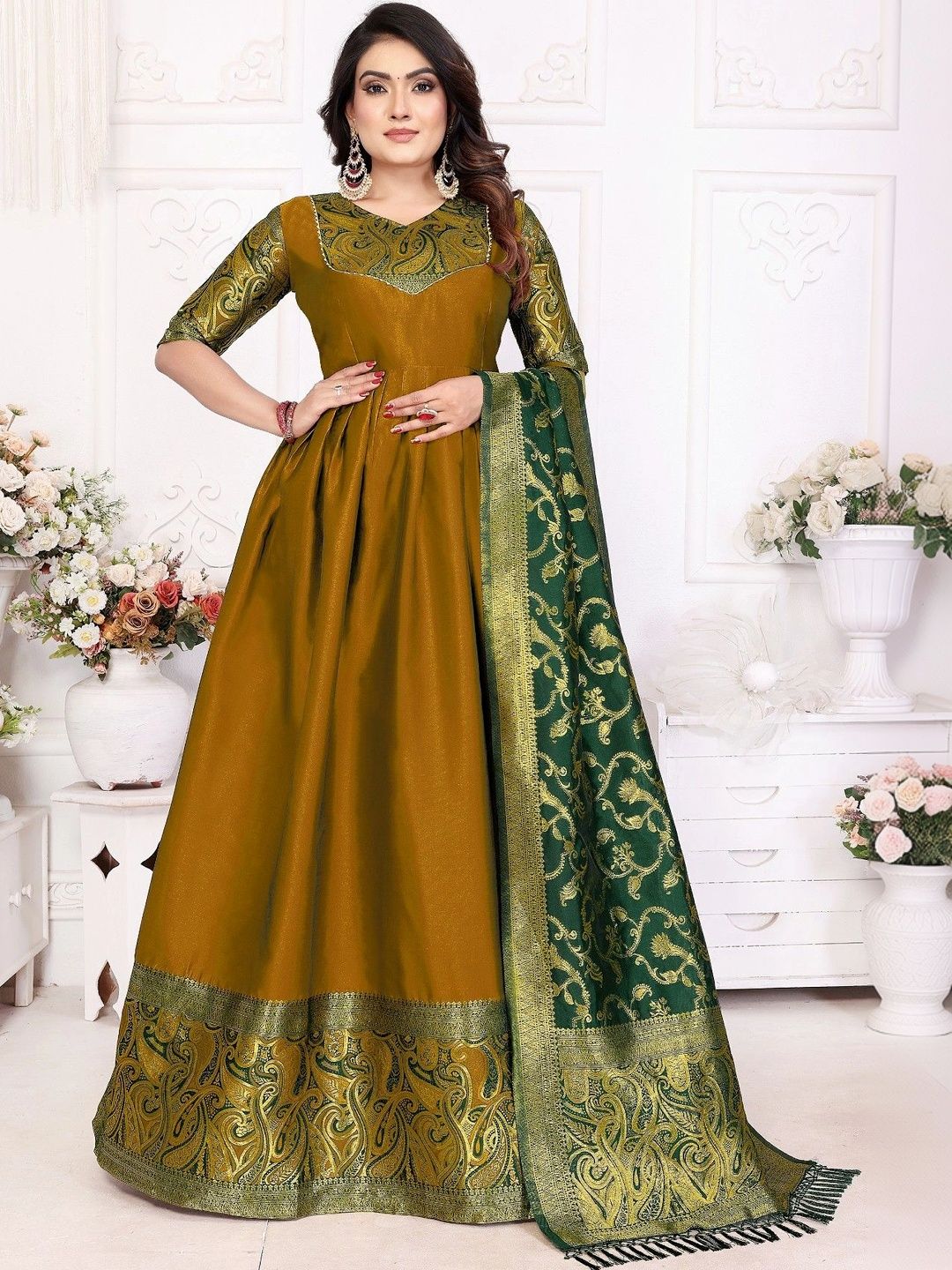 Kinjhit Fashion Woven Design V-Neck Gown Ethnic Dresses With Dupatta-picture-17