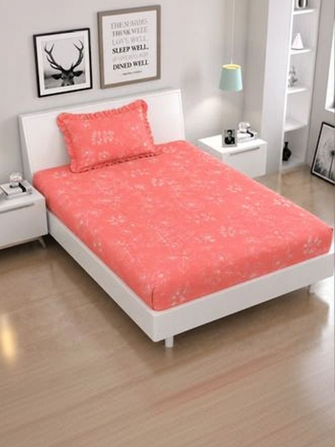 Luxmi Cotton Fabrics Peach-Coloured & Peach-Coloured Floral 210 TC Single Bedsheet with 1 Pillow Covers-picture-0