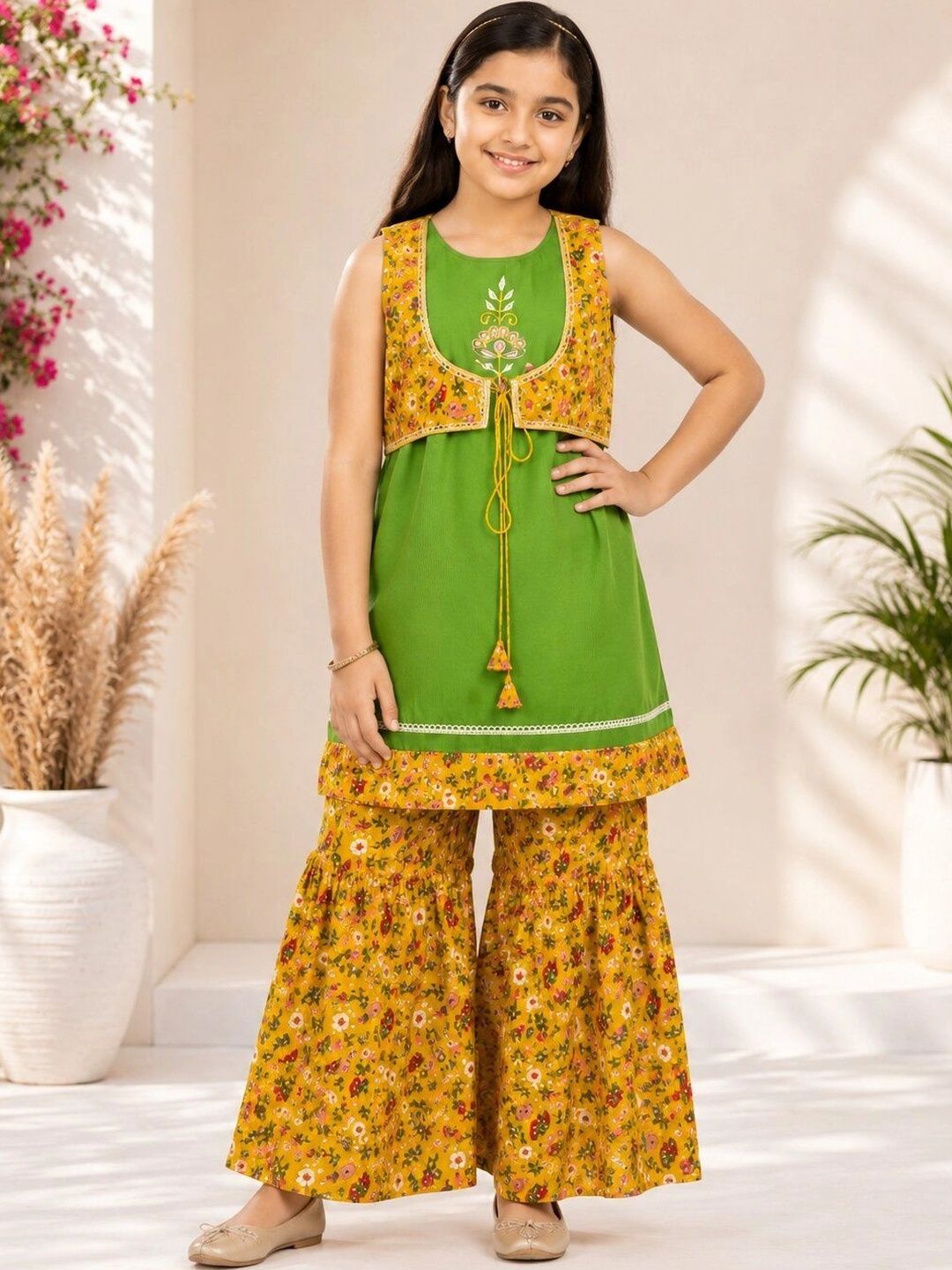 Flyfinns Girls Floral Regular Thread Work Kurta with Sharara-image-44