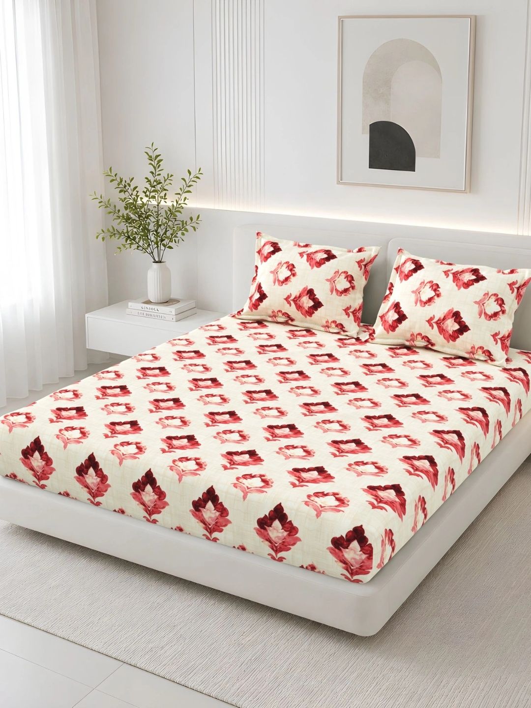 Homeful Style Red & Cream-Coloured Floral 120 TC Queen Bedsheet with 2 Pillow Covers-image-38