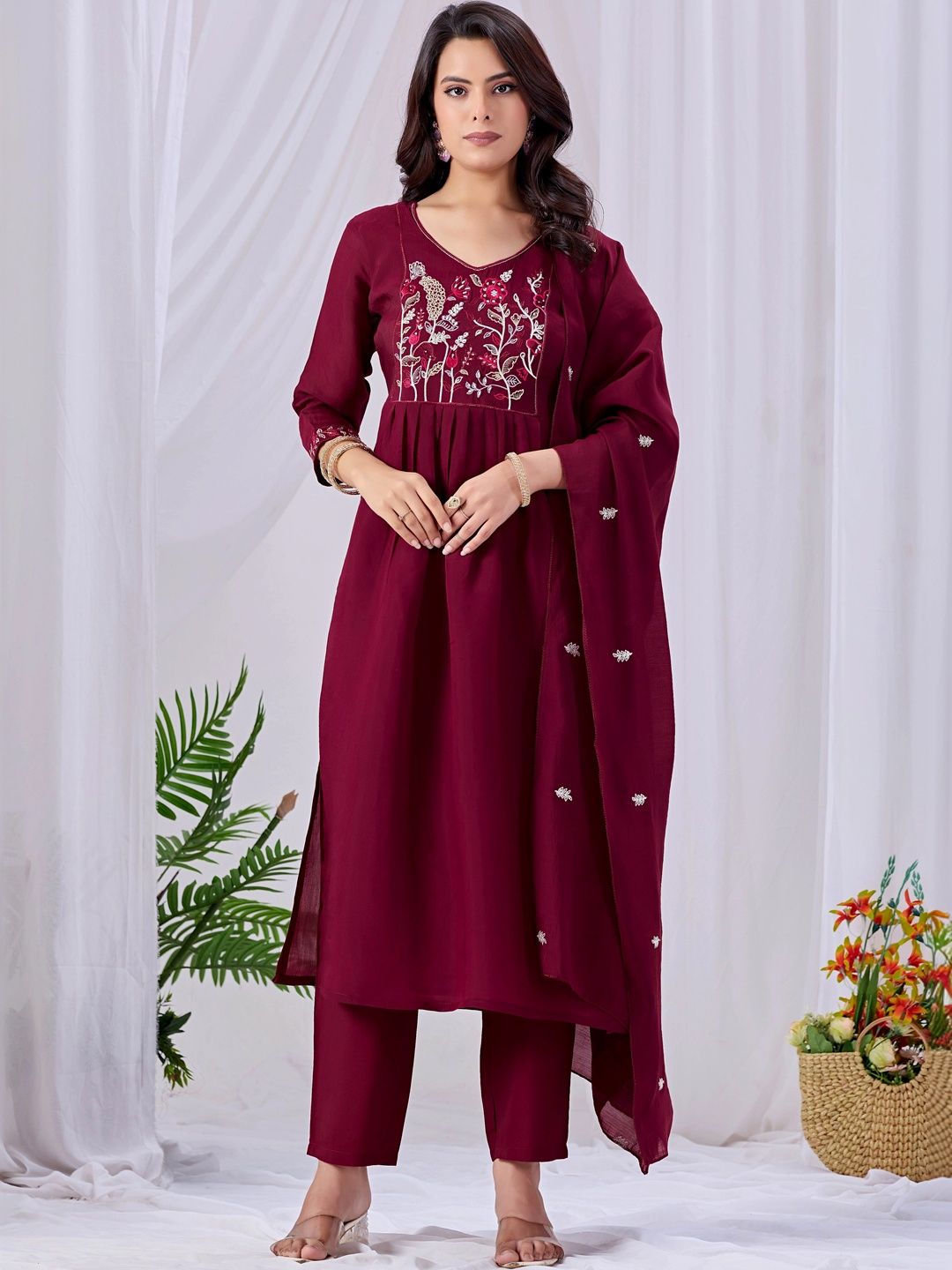 MANVAA Women Floral Embroidered Empire Thread Work Kurta with Trousers & With Dupatta-picture-20