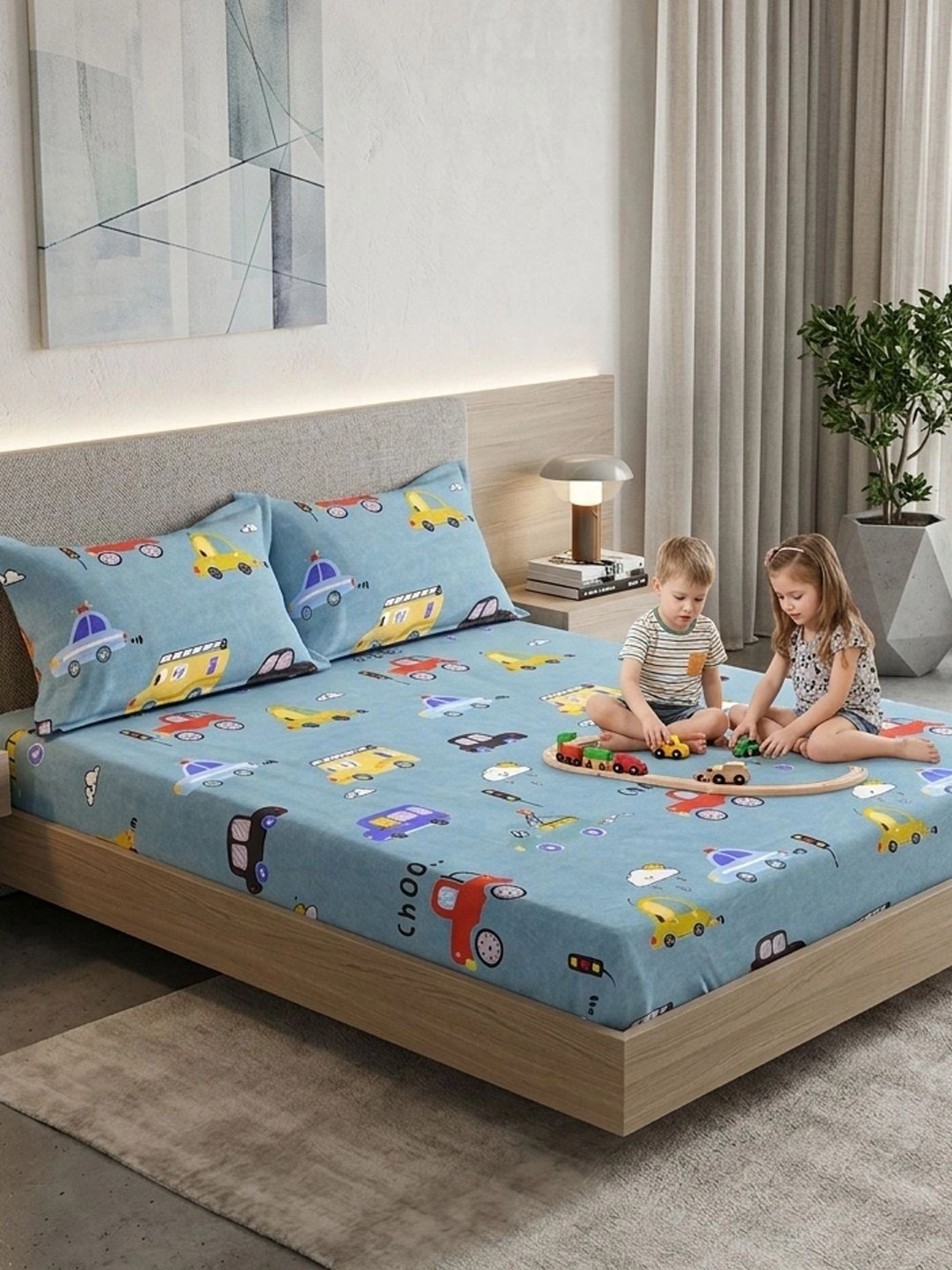 FABINALIV Blue Cartoon Characters 300 TC King Bedsheet with 2 Pillow Covers-picture-15