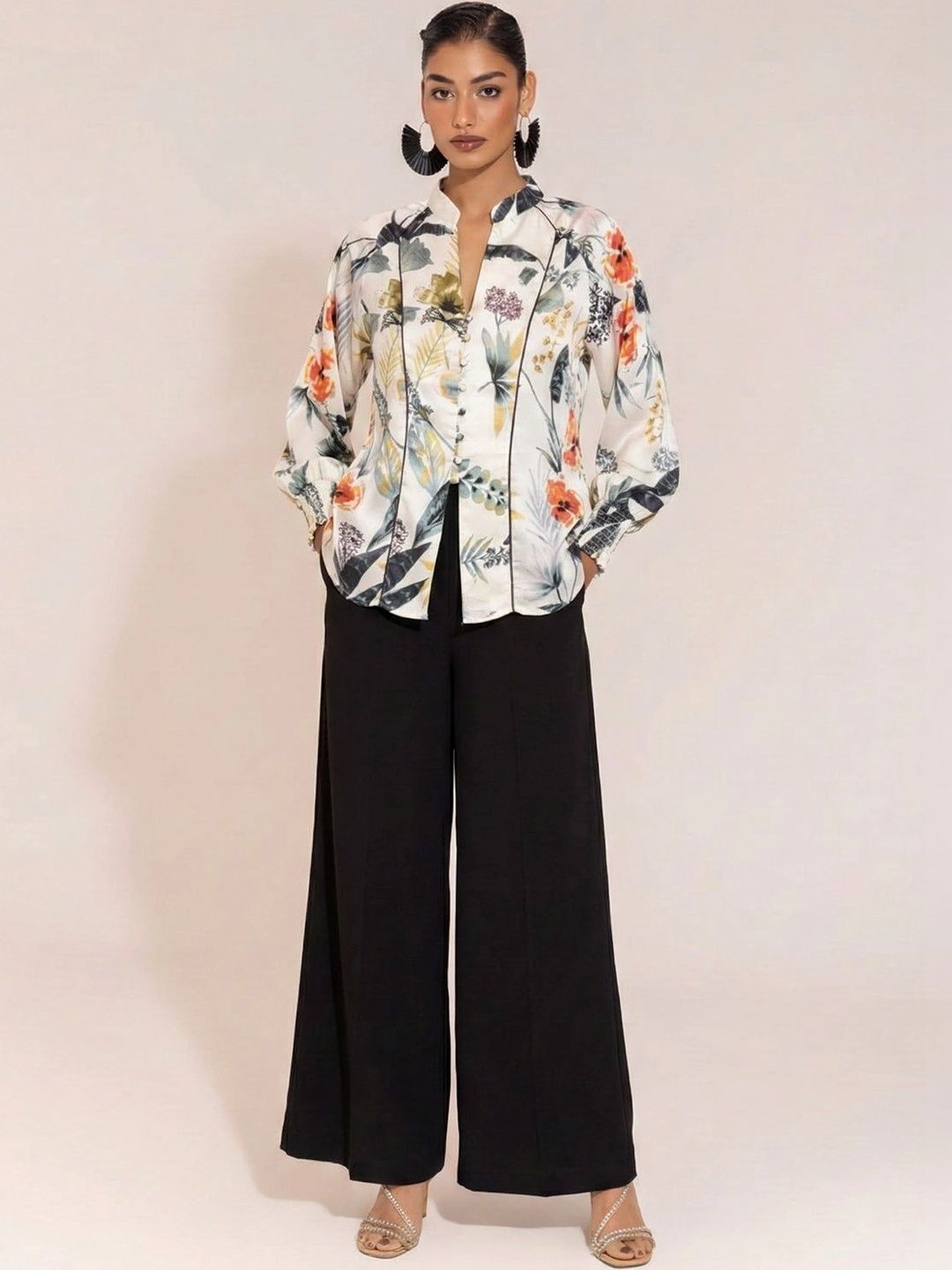 SHECZZAR Floral Print Mandarin Collar Satin Top-picture-15