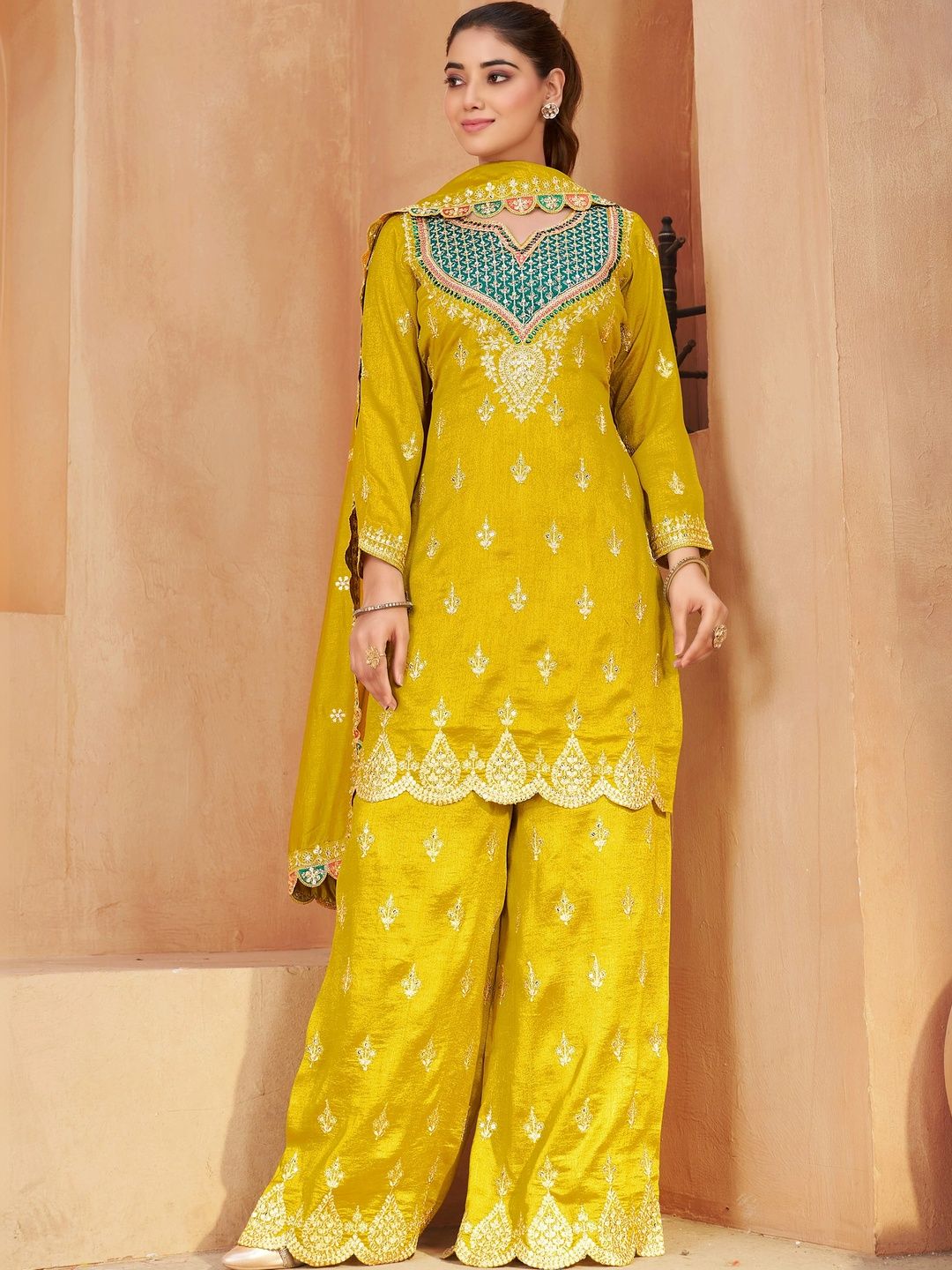 House of Pataudi Women Ethnic Motifs Embroidered Regular Thread Work Kurta with Palazzos & With Dupatta-picture-54