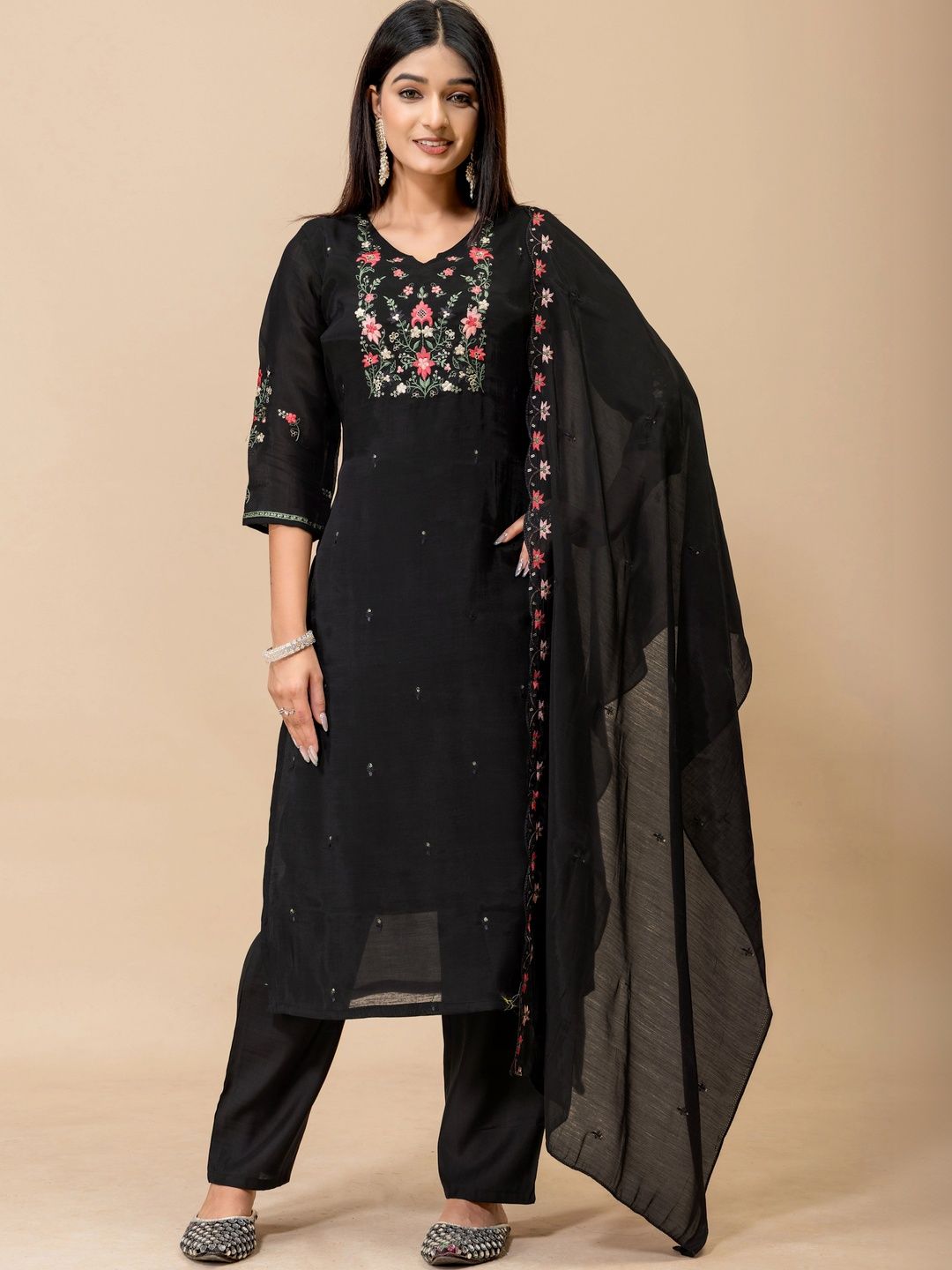 HERE&NOW Women Floral Embroidered Regular Thread Work Kurta with Trousers & With Dupatta-picture-36