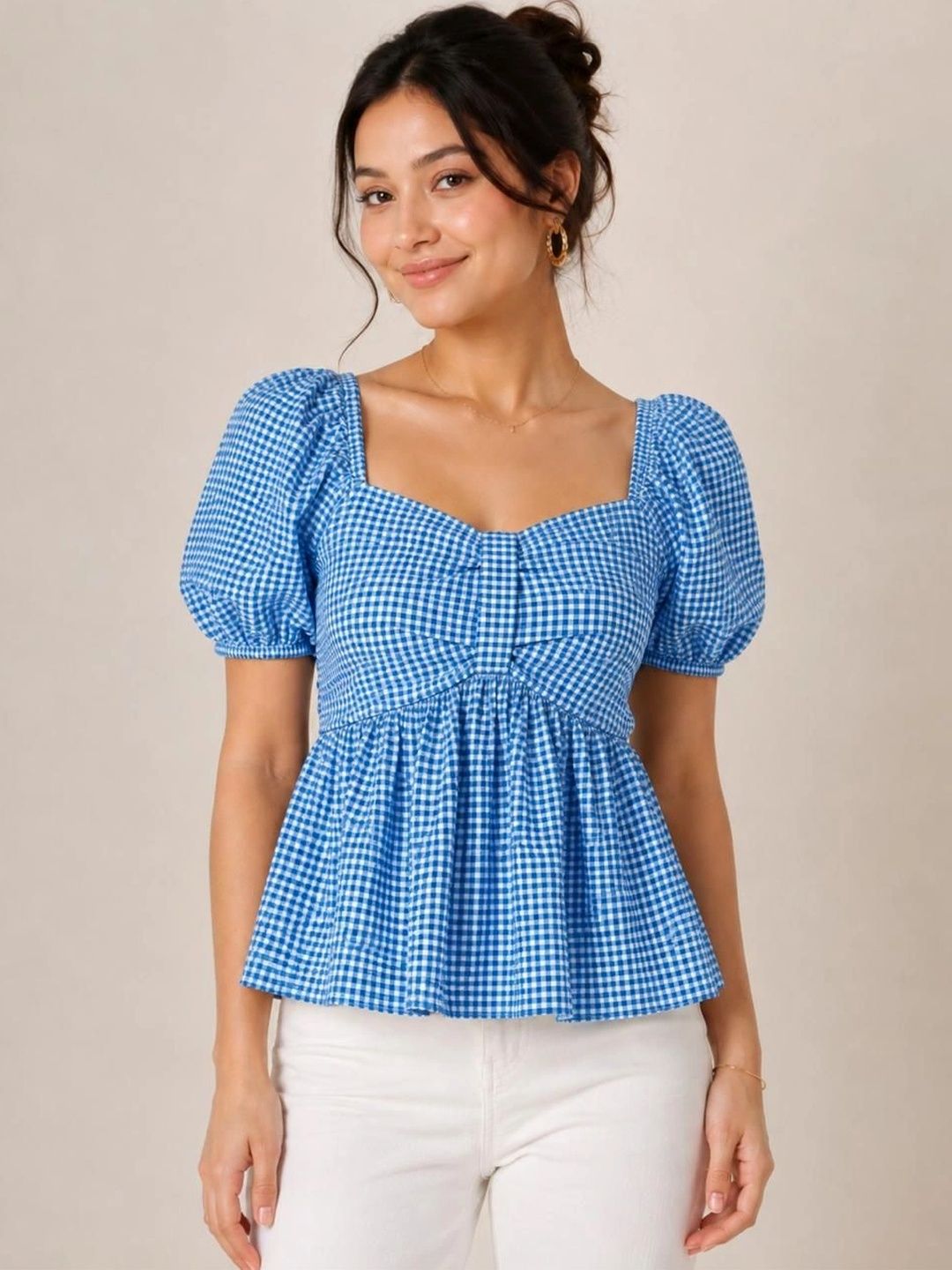 Just Fab Checked Puff Sleeve Smocked Peplum Top-picture-48