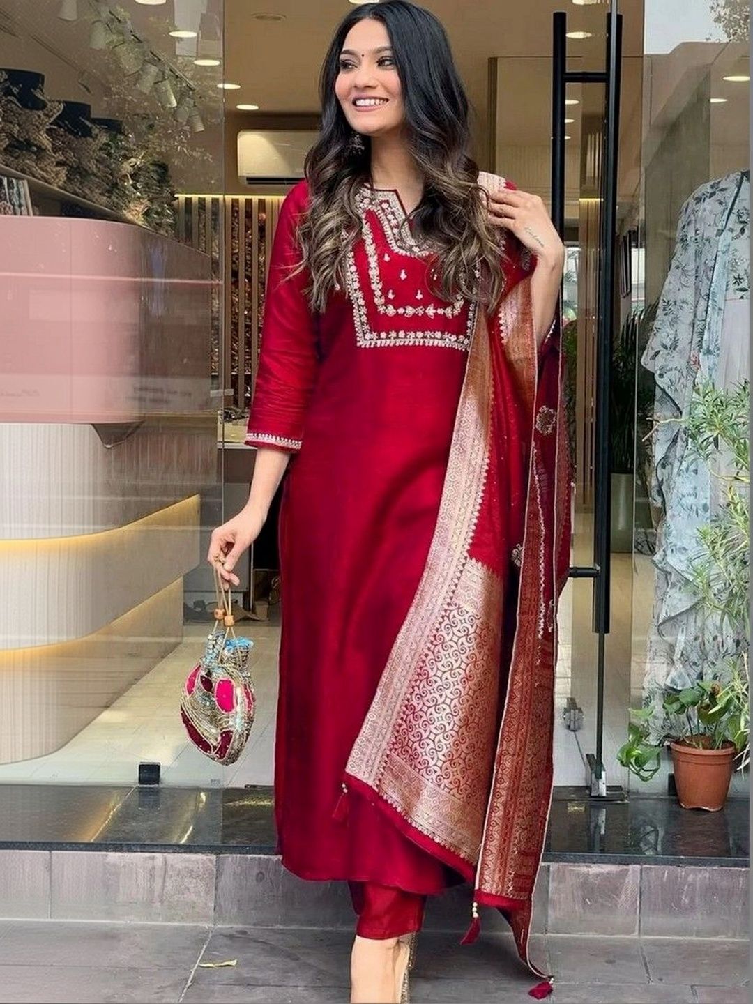 Sangria Women Ethnic Motifs Embroidered Regular Kurta with Trousers & With Dupatta-picture-22
