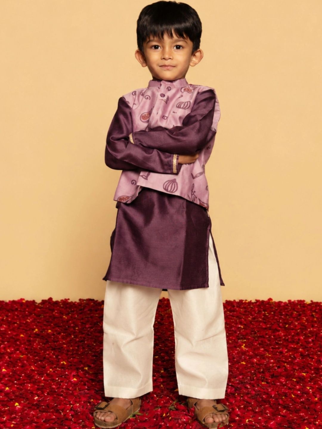 DULAAR Unisex Kids Floral Printed Regular Gotta Patti Pure Silk Kurta with Trousers-picture-52