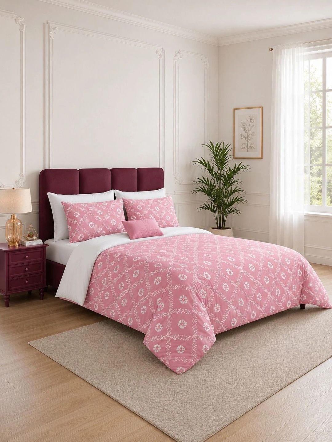 DecorGlobe White & Pink Floral 144 TC King Bedsheet with 2 Pillow Covers-picture-48
